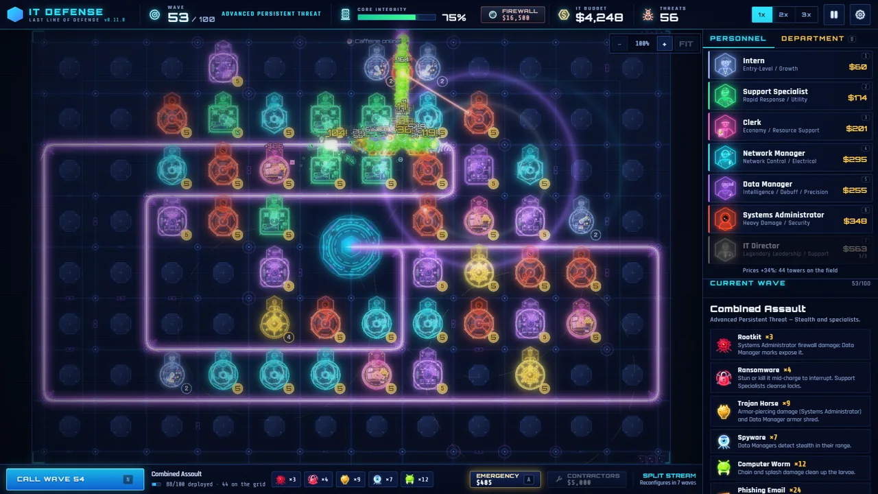 A moment of IT Defense gameplay: IT staff towers defending a glowing Core Server.